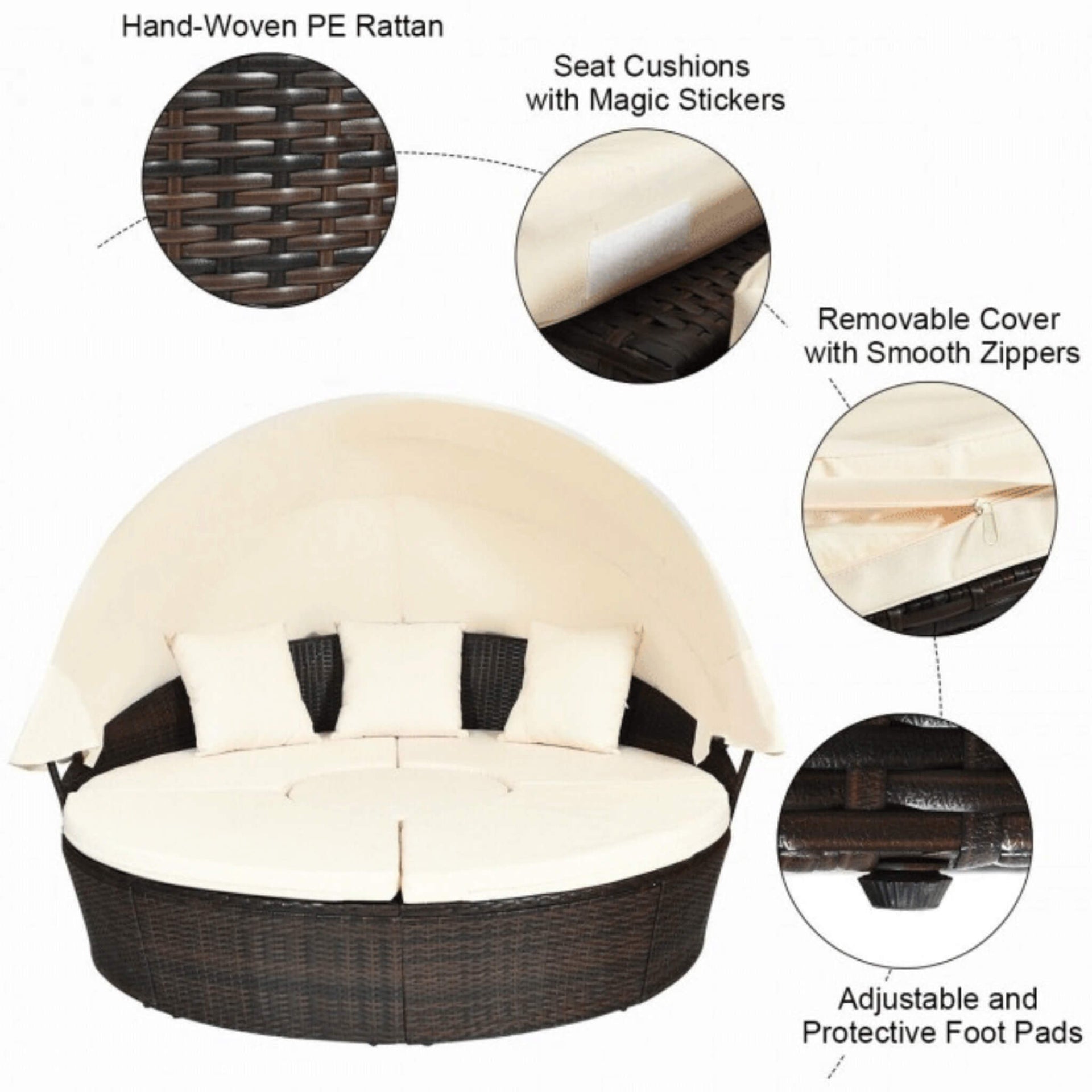 Premium 76-Inch Round Outdoor Patio Rattan Daybed W/ Canopy & Table (SAK96418)