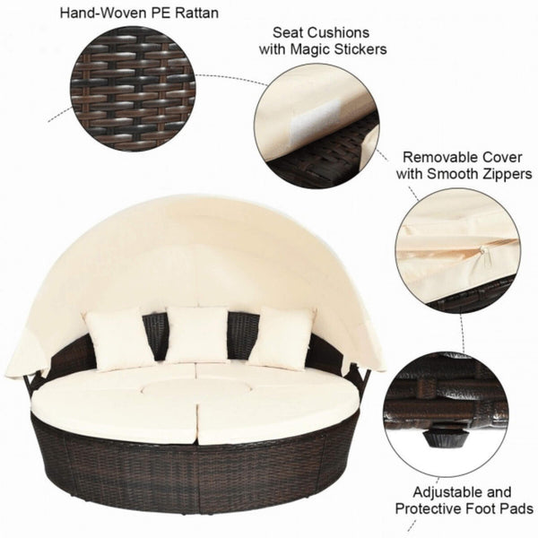 Premium 76-Inch Round Outdoor Patio Rattan Daybed W/ Canopy & Table (SAK96418)