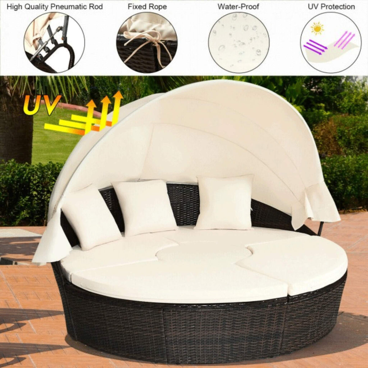 Premium 76-Inch Round Outdoor Patio Rattan Daybed W/ Canopy & Table (SAK96418)
