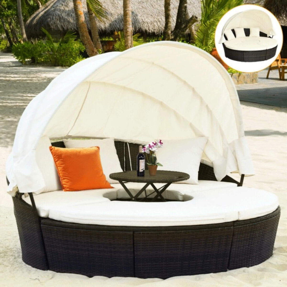 Premium 76-Inch Round Outdoor Patio Rattan Daybed W/ Canopy & Table (SAK96418)