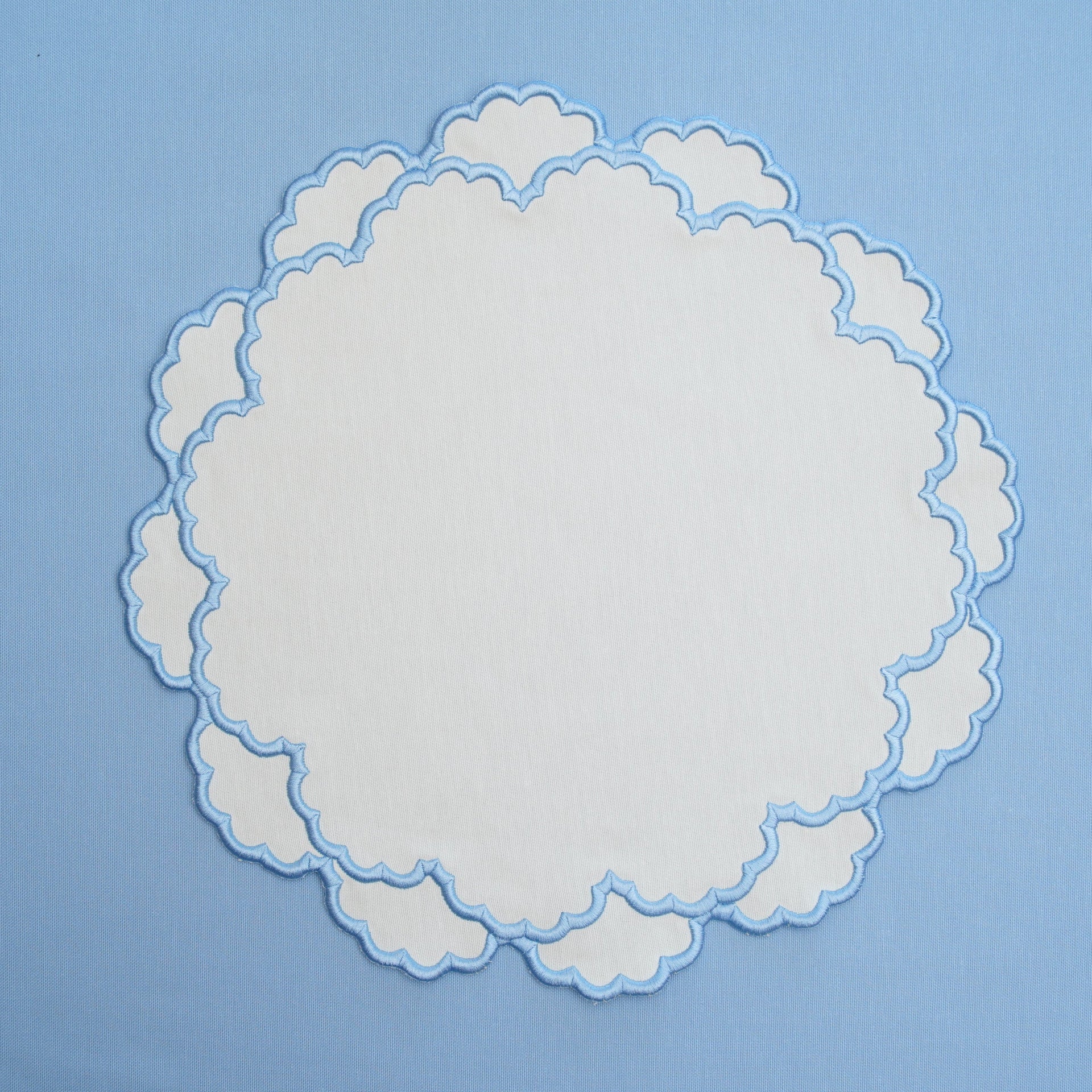 SPRING TABLE DECOR – CRESSIDA BLUE & WHITE SCALLOPED FABRIC PLACEMAT