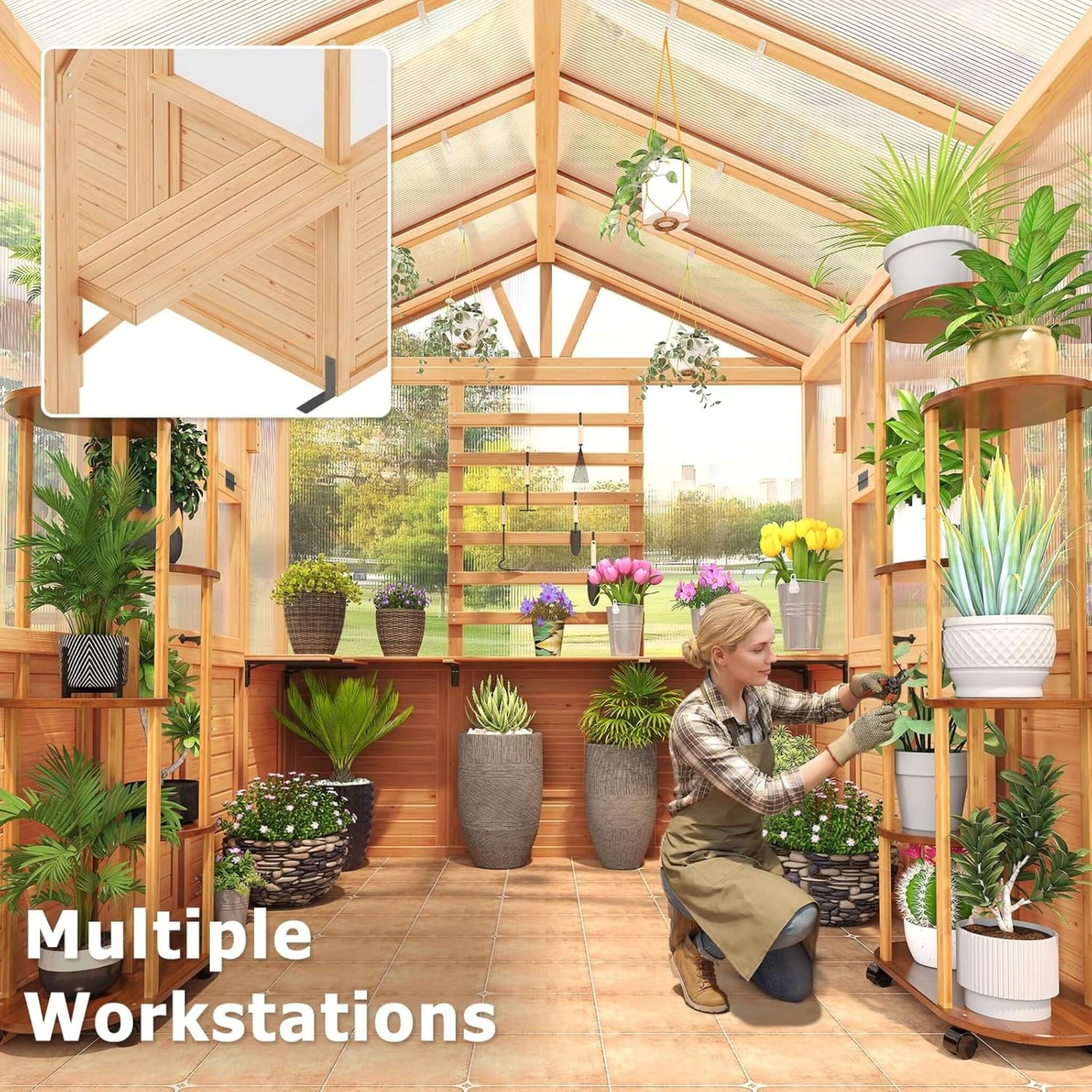 Premium Walk-In Spruce Wood Greenhouse With Pergola And Shelves (SAK75890)