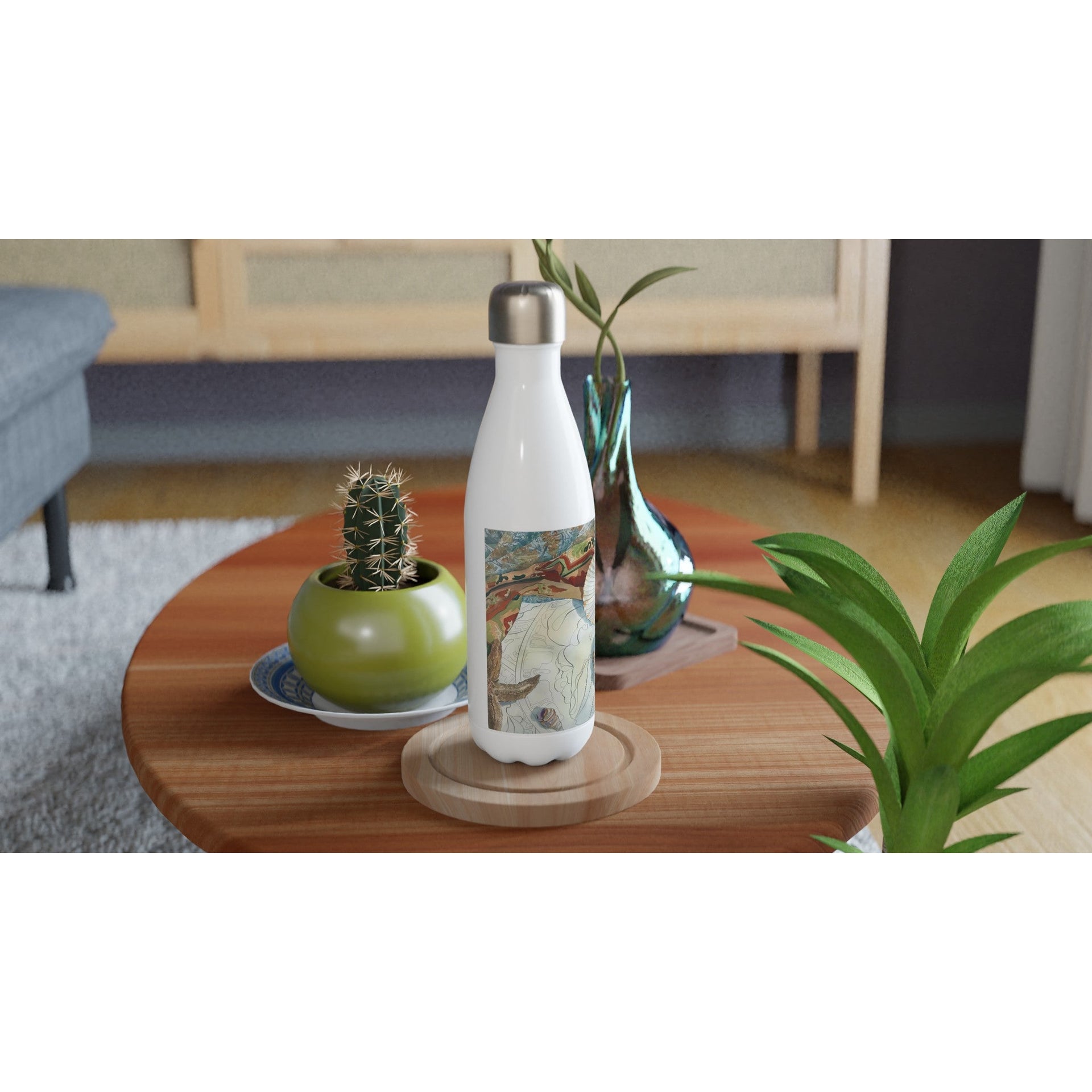 17oz White Stainless Steel Bottle with 'Shells' Watercolor Artwork by American Artist Barbara Cleary