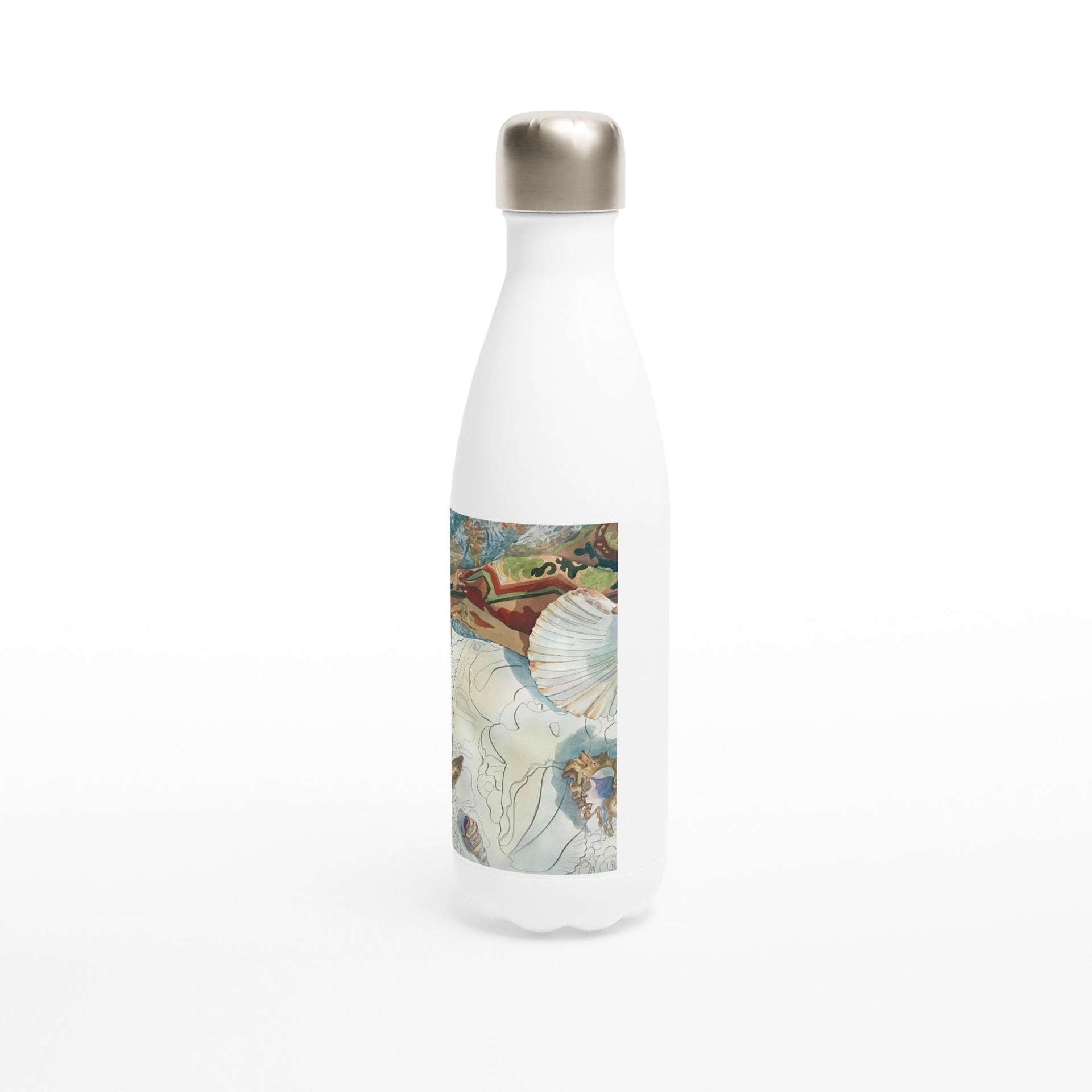 17oz White Stainless Steel Bottle with 'Shells' Watercolor Artwork by American Artist Barbara Cleary