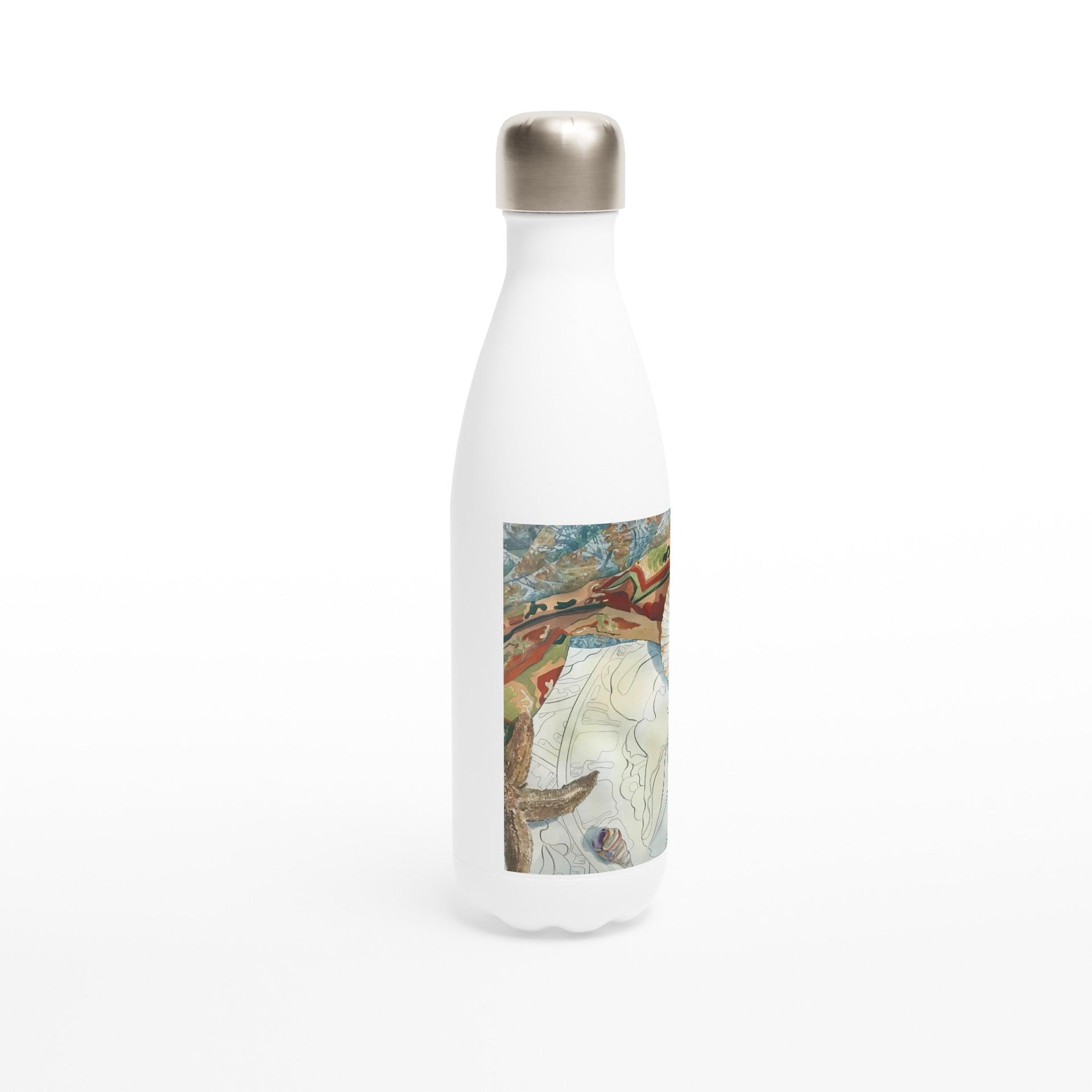 17oz White Stainless Steel Bottle with 'Shells' Watercolor Artwork by American Artist Barbara Cleary