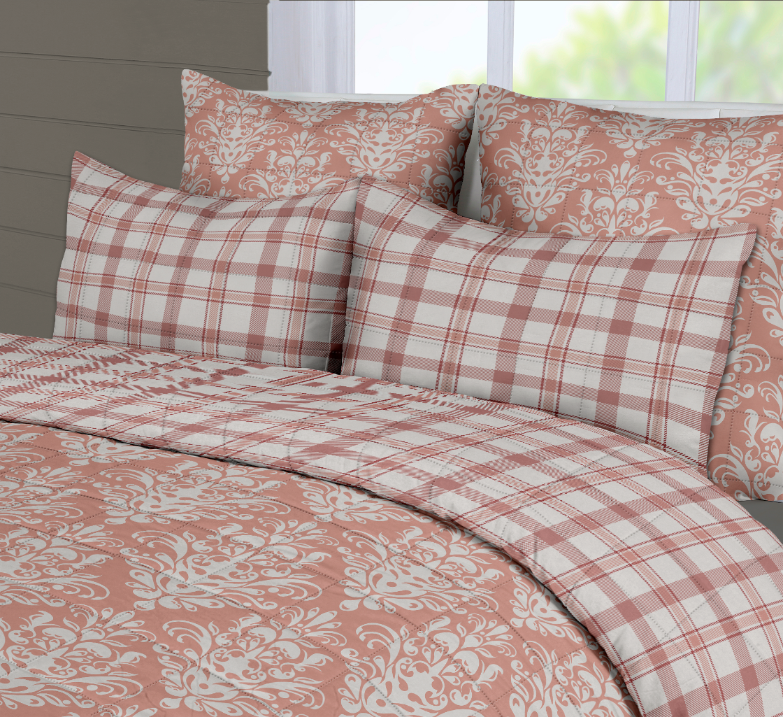 Reversible Box Quilted Comforter Cover Set | Cotton Blend | Prima Damask - Rosy