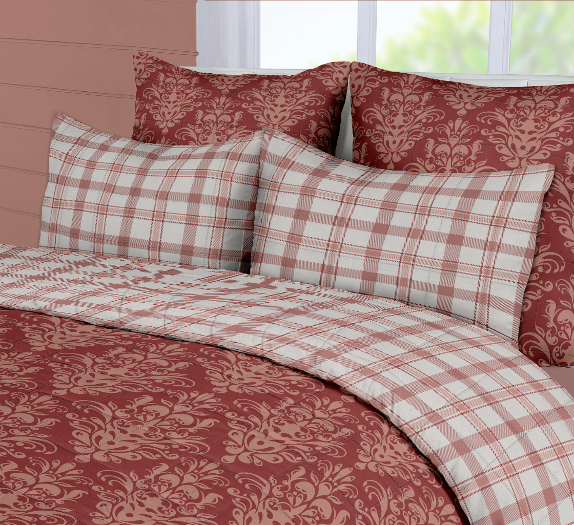 Reversible Box Quilted Comforter Cover Set | Cotton Blend | Prima Damask - Rosy