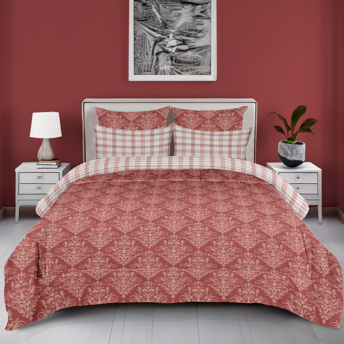 Reversible Box Quilted Comforter Cover Set | Cotton Blend | Prima Damask - Rosy