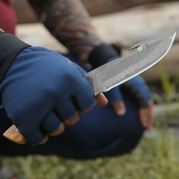 PrimalEdge Damascus Gut Hook Knife with Exotic Wenge Wood and Turquoise Handle - Gifts for You 'n Me