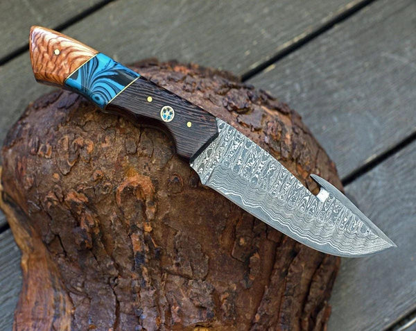 PrimalEdge Damascus Gut Hook Knife with Exotic Wenge Wood and Turquoise Handle - Gifts for You 'n Me