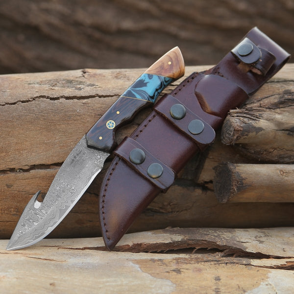 PrimalEdge Damascus Gut Hook Knife with Exotic Wenge Wood and Turquoise Handle
