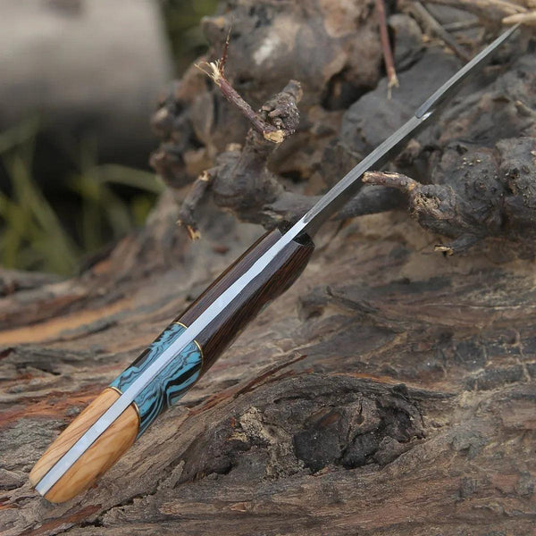 PrimalEdge Damascus Gut Hook Knife with Exotic Wenge Wood and Turquoise Handle - Gifts for You 'n Me