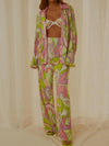 Printed Collared Neck Long Sleeve Top and Pants Lounge Set - Yellow-Green / L