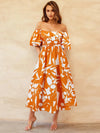 Printed Off-Shoulder Balloon Sleeve Dress - Caramel / 2XL