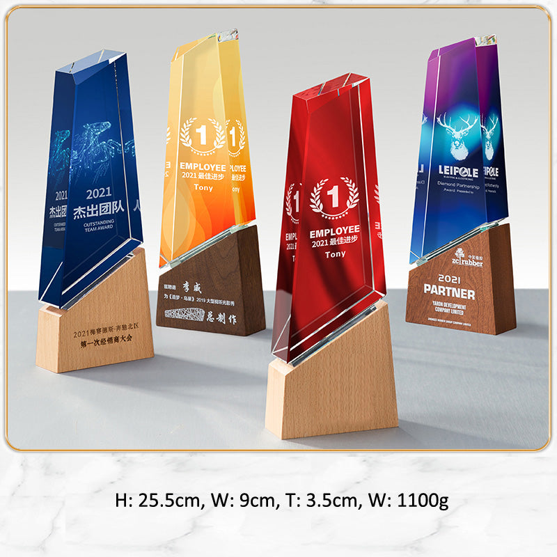3D Engraving Customized Crystal Trophy Award Trapezoid Color Printing Beech Solid Wood Base