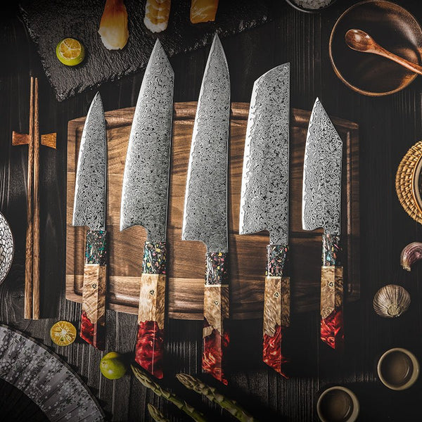 Pristine Japanese Chef Knife Set with VG-10 Damascus Steel Exotic Stabilized Olive Wood Handle & Sheath