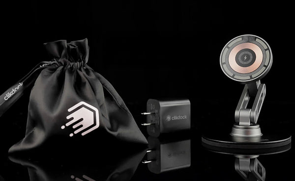 Olixar branded product set including a drawstring bag, power adapter, and camera on a black background