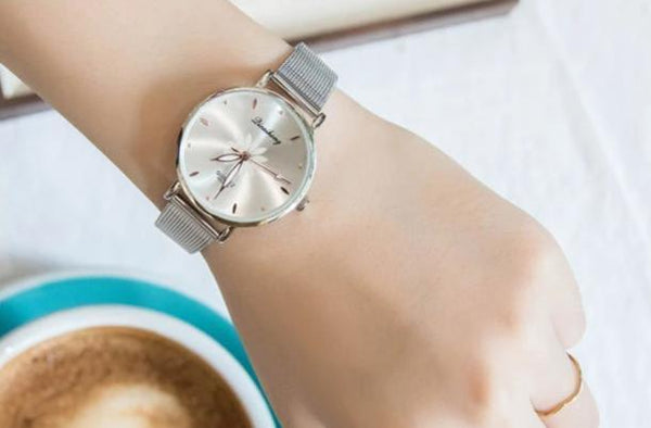 Women's Stylish Elegant Watch With Braided Steel Bracelet With Shiny Background Unique Design Perfect Gif