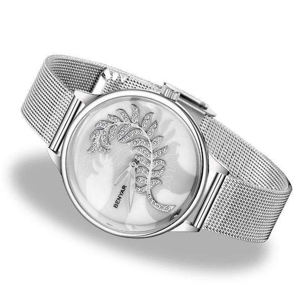 Luxury Womens Round Watch Simple Analog Quartz Watches Elegant Stainless Steel Mesh Strap Fashionable Wrist Watch For Woman