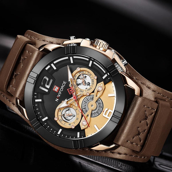 Men's Leather Waterproof Watch With Chronometers And Fluorescent Hands Excellent Design Perfect Gift