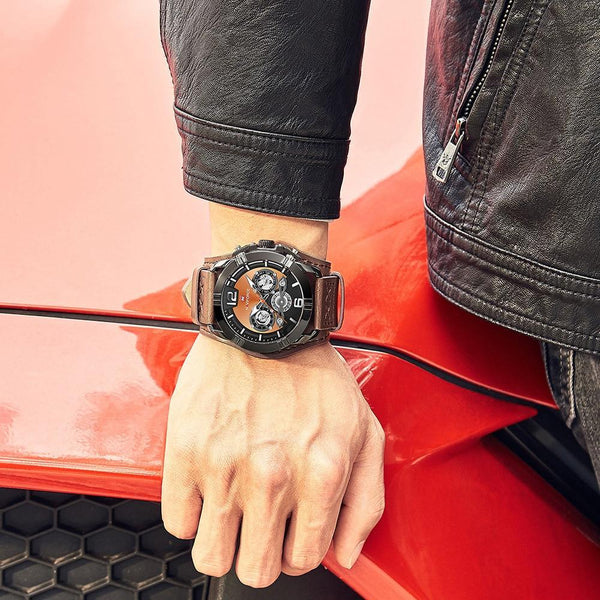 Men's Leather Waterproof Watch With Chronometers And Fluorescent Hands Excellent Design Perfect Gift