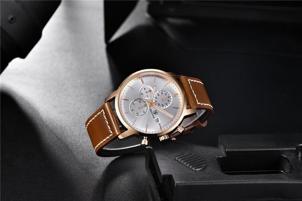 Business Watch Men Fashion Waterproof Military Chronograph Sport Quartz Wristwatch Leather Bracelet