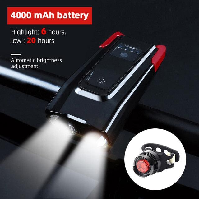 4000mAh Bicycle Front Light Set USB Rechargeable Smart Headlight With Horn 800 Lumen LED Bicycle Light Set USB Rechargeable Super Bright  Bike Headlight