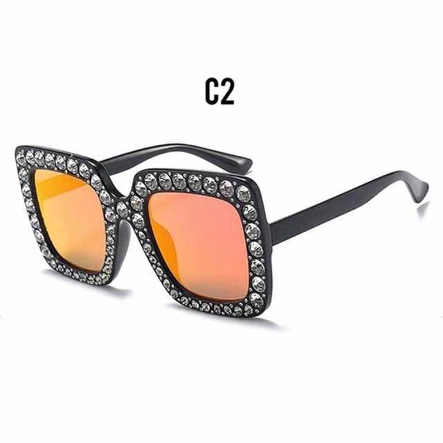Oversized Sunglasses Square Diamond Sunglasses Women Retro Sunglasses Luxury & Diamond Square Shape Sunglasses For Women Branded Attractive Any Size Crystal Sun Glasses For Ladies Gradient Classic Mirror & Decent Shades