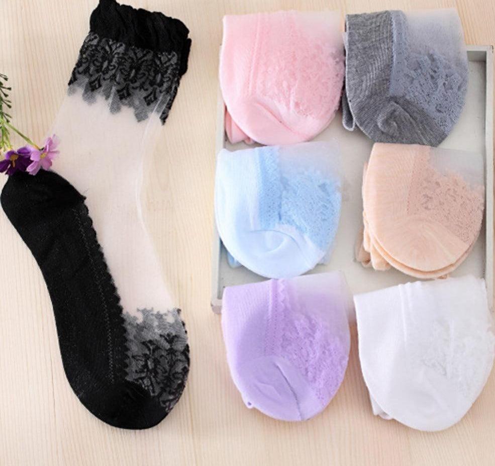 Summer Ladies Lace Embroidery Silk Transparent Glass Crystal Stretch Women Socks Breathable See Through Socks Ankle Socks For Women