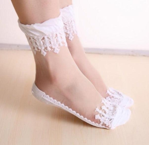 Summer Ladies Lace Embroidery Silk Transparent Glass Crystal Stretch Women Socks Breathable See Through Socks Ankle Socks For Women