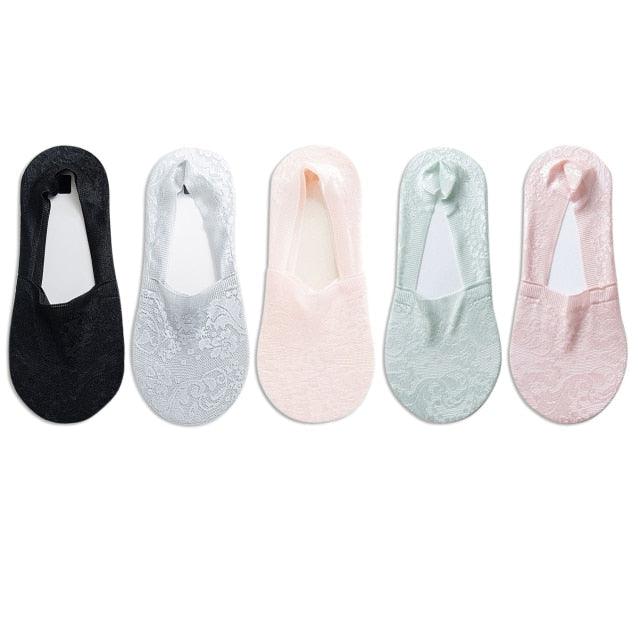5 Pairs Fashion Women Girls Summer Socks 7 Color Style Lace Flower Short Sock Antiskid Invisible Ankle Socks For Women