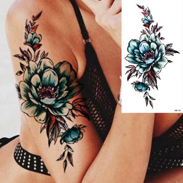 25 Sheets Flower Rose Luxury Tattoos Waterproof Temporary Sticker 3D Rose Flower Tattoos Body Art Arm Fake Tatoo For Womens