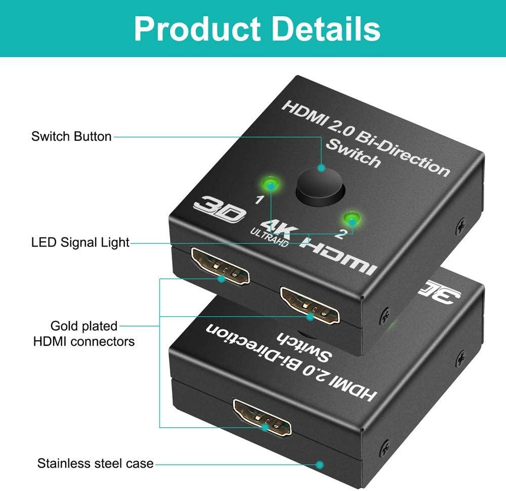 4K HDMI Switch Splitter 2 Ports Bi-Directional HDMI Switch 2 Port Display Selector Switcher Splitter Supports Ultra HD 4K 1080P 3D HDR For HDTV Gaming