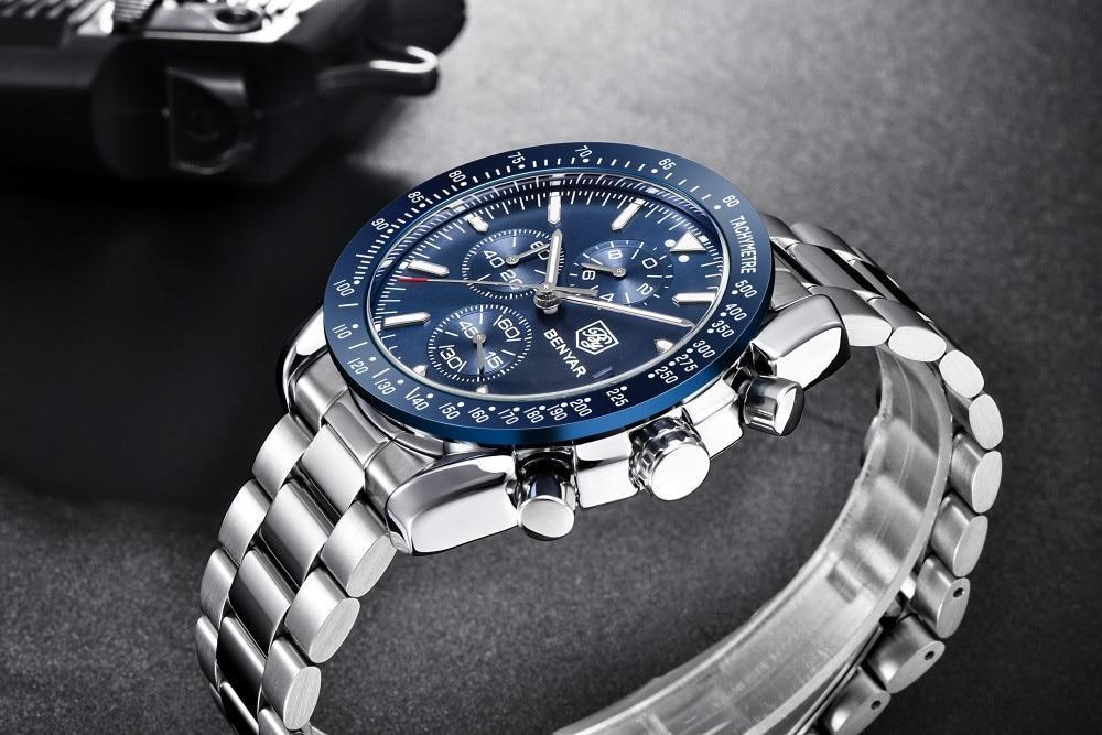 New Men Silver Blue Watch Business Analog Chronogragh Full Steel Luxury Casual Male Waterproof Sports Design Watches