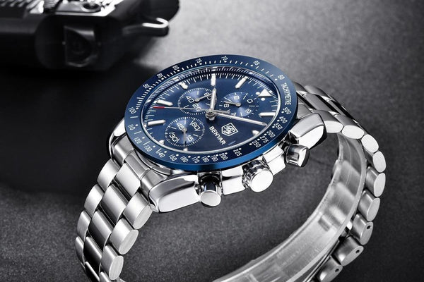 New Men Silver Blue Watch Business Analog Chronogragh Full Steel Luxury Casual Male Waterproof Sports Design Watches