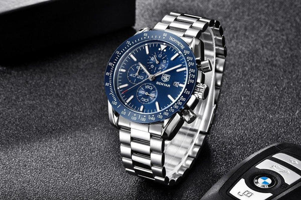 New Men Silver Blue Watch Business Analog Chronogragh Full Steel Luxury Casual Male Waterproof Sports Design Watches