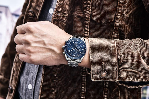 New Men Silver Blue Watch Business Analog Chronogragh Full Steel Luxury Casual Male Waterproof Sports Design Watches