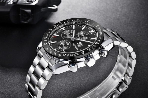 New Men Silver Blue Watch Business Analog Chronogragh Full Steel Luxury Casual Male Waterproof Sports Design Watches