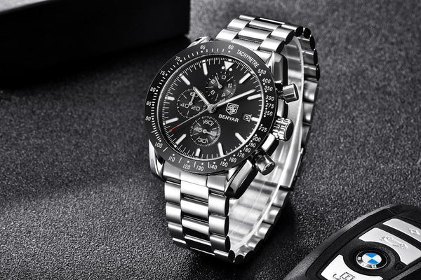 New Men Silver Blue Watch Business Analog Chronogragh Full Steel Luxury Casual Male Waterproof Sports Design Watches
