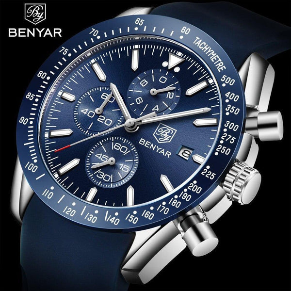 New Men Silver Blue Watch Business Analog Chronogragh Full Steel Luxury Casual Male Waterproof Sports Design Watches