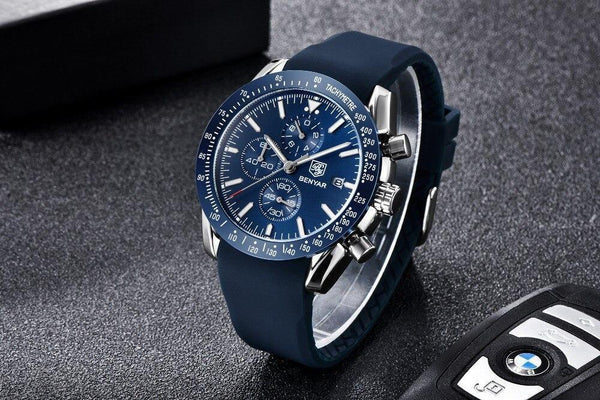 New Men Silver Blue Watch Business Analog Chronogragh Full Steel Luxury Casual Male Waterproof Sports Design Watches