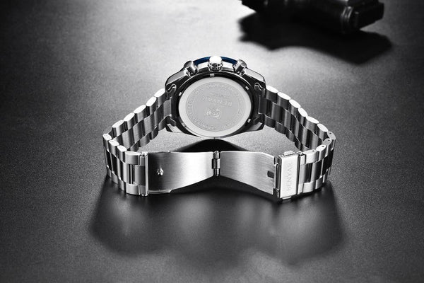 New Men Silver Blue Watch Business Analog Chronogragh Full Steel Luxury Casual Male Waterproof Sports Design Watches