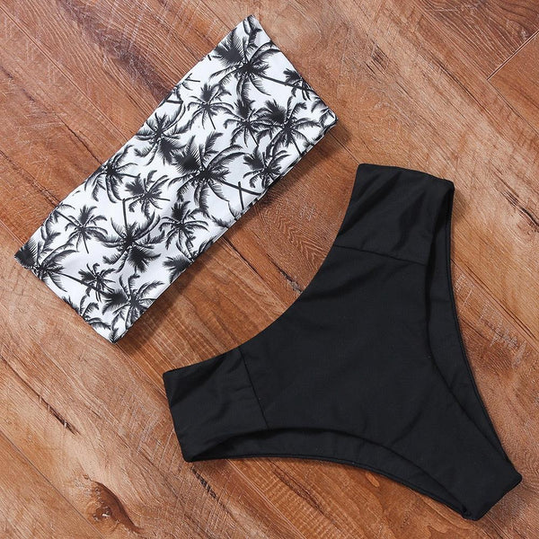 Floral Bikini Set Swimsuit High Waist Bathing Suit Black Swimwear Women Push-Up Leaf Women's Strapless High Waist Bikini Swimsuits Lace Up 2 Pieces Bathing Suit Swimwear