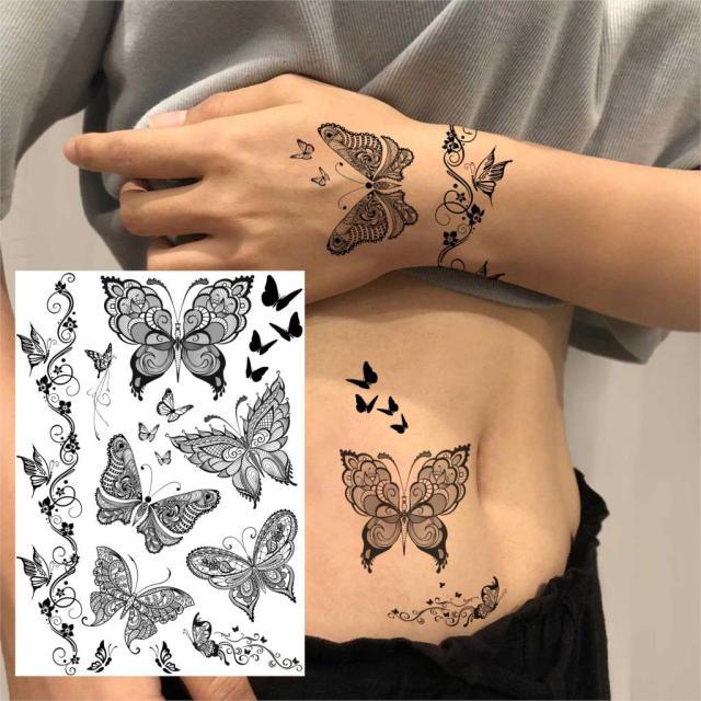 53 Sheets Black Lace Temporary Tattoos Sticker Butterfly Flower Fake Tatoo Sticker Sexy  Black Henna Temporary Tattoos For Women