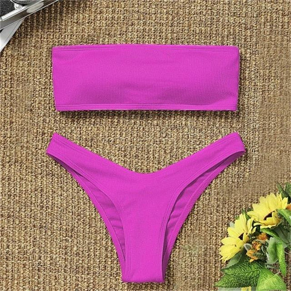 New Bikini High Waist Strapless Bikini Women Swimwear Women Swimsuit Padded Bathing Suit Pure Color Women's Bandeau Bikini Top-High Leg High Waist Bikini Bottom Set
