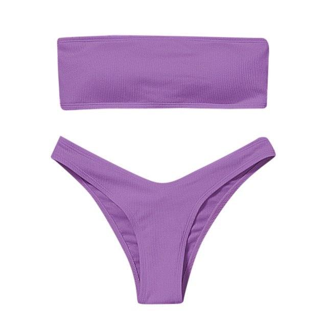 Solid Bikini Swimsuit Women Bikini Set Women Strapless Ribbed  Bikini Set Lace Up High Cut Two Piece Swimsuit Bathing Suit Two Piece Tube Top Swimwear Female Bather Swimming Suit