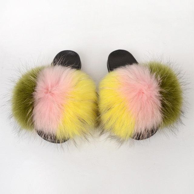 Summer Women Raccoon Fur Slippers Plush Slides Furry Sandals Fluffy House Shoes Girl's Cute Flip Flops Sandal With Soft Furry Faux Fox Fur House Outdoor Multicolor Slippers