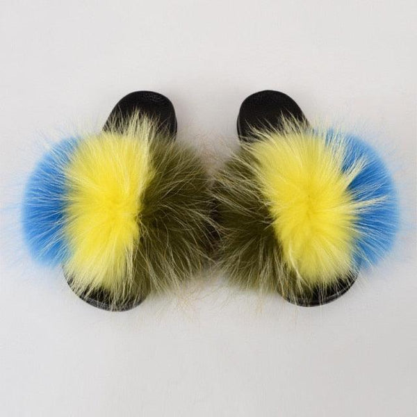 Summer Women Raccoon Fur Slippers Plush Slides Furry Sandals Fluffy House Shoes Girl's Cute Flip Flops Sandal With Soft Furry Faux Fox Fur House Outdoor Multicolor Slippers
