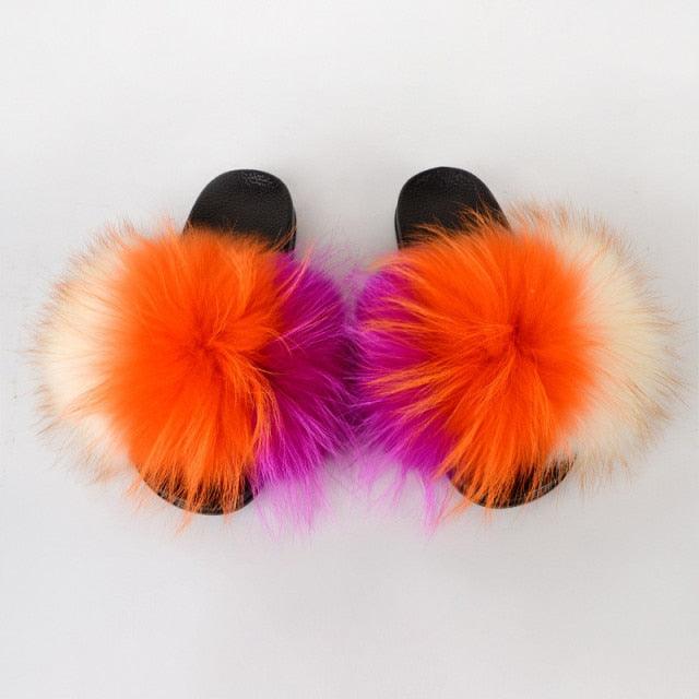 Summer Women Raccoon Fur Slippers Plush Slides Furry Sandals Fluffy House Shoes Girl's Cute Flip Flops Sandal With Soft Furry Faux Fox Fur House Outdoor Multicolor Slippers