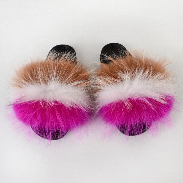 Summer Women Raccoon Fur Slippers Plush Slides Furry Sandals Fluffy House Shoes Girl's Cute Flip Flops Sandal With Soft Furry Faux Fox Fur House Outdoor Multicolor Slippers